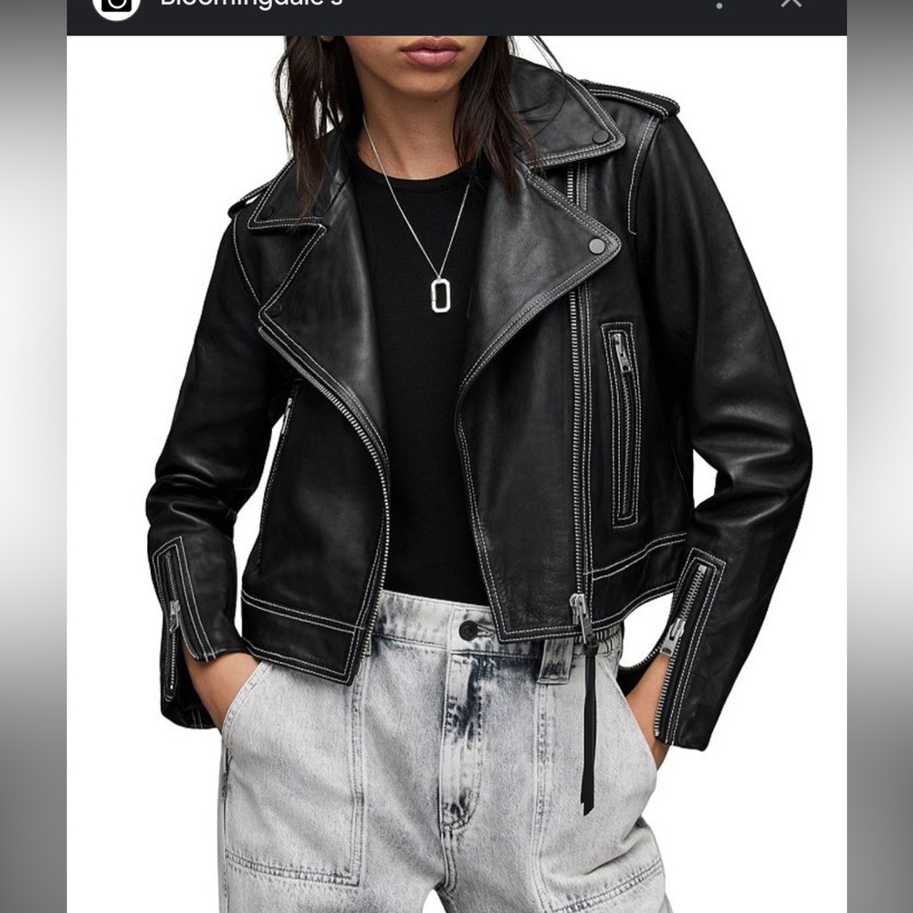 Discontinued All Saints sz 12 Arya Black Leather Biker Jacket w White stitching